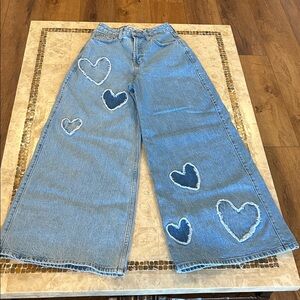 Social Tourist Ultra High Rise Baggy Wide Leg Jeans with heart patches Size 5s